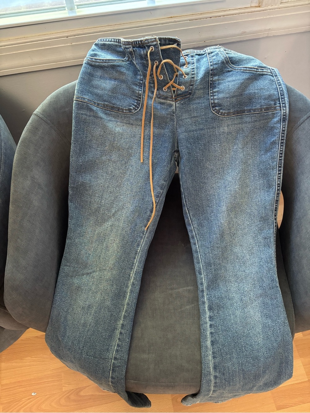 Vanilla Star Lace-Up Bootcut Denim Jeans in Blue with Tan Laces